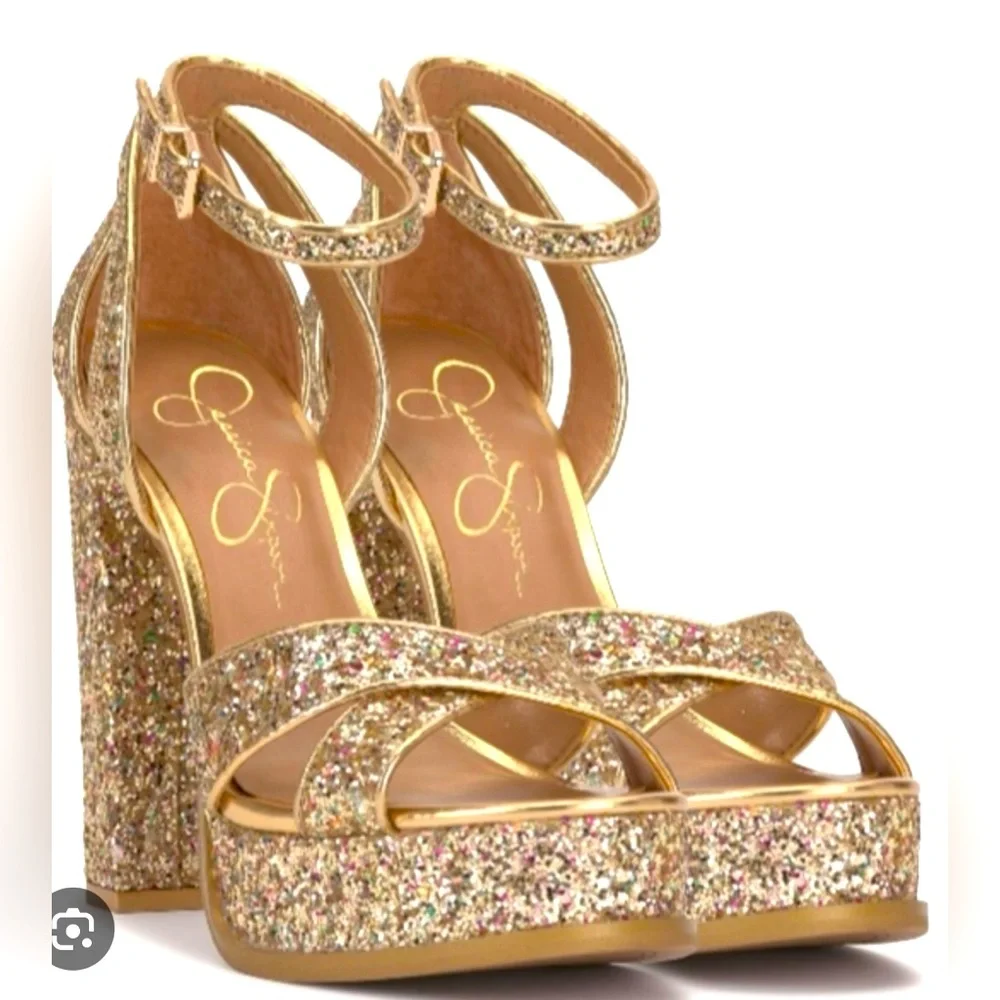 Jessica Simpson Gavynne Gold Glitter Platform Sz 10 (New) Prom or Wedding Shoe - Picture 1 of 5